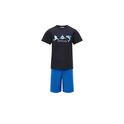 Moncler Kids' Shark Motif Cotton Jersey Set Blue
