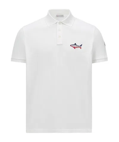 Moncler Shark Patch Cotton Piquet Polo Shirt In White