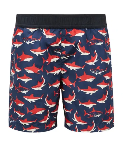 Moncler Shark Print Swim Shorts In Blue