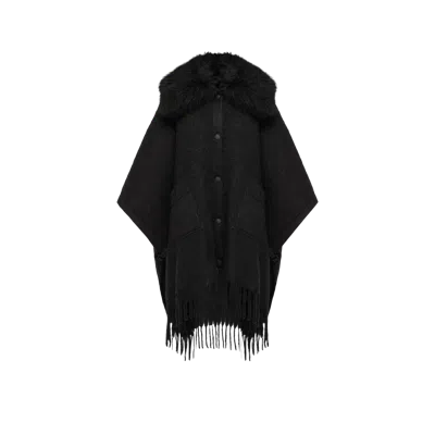 Moncler Shearling Collar Mohair, Alpaca & Wool Blend Cape, Women, Black, Size: One Size