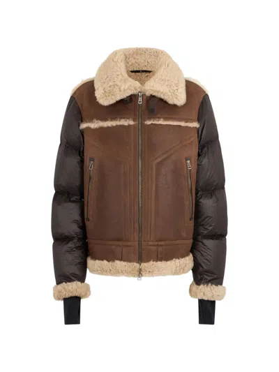 Moncler Grenoble Mini Down Jacket With Napa Leather And Shearling Inserts In Brown
