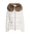 Moncler Boed Belted Down Jacket With Shearling Hood Trim In White