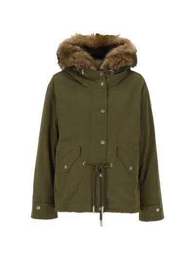 Moncler Shearling Trim Parka Coat In Green