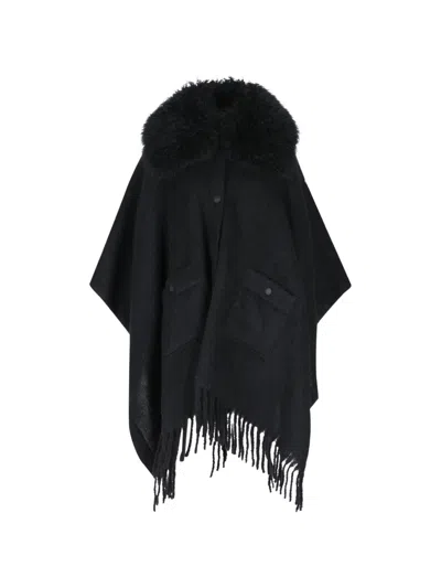 Moncler Shearling-collar Fringed-hem Cape In Black