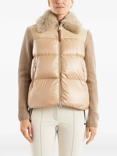 Moncler Shearling-collar Quilted Jacket In Brown