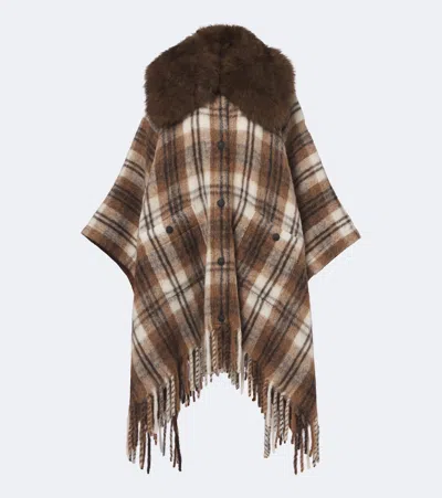 Moncler Cape-effect Plush-trimmed Checked Wool-blend Jacket In Brown