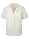 Moncler Short-sleeve Cotton Blend Shirt With Embroidered Design In Neutral