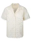 Moncler Short-sleeve Cotton Blend Shirt With Embroidered Design In Neutral