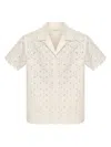 Moncler Short-sleeve Cotton Blend Shirt With Embroidered Design In White