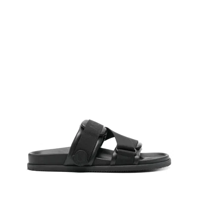 Moncler Black Leather And Fabric Sandals In Animal Print