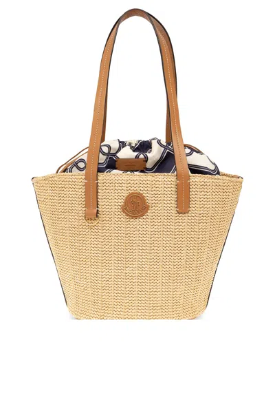 Moncler Small Hubba Raffia Tote Bag In Panna