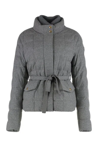 Moncler Bussettes Belted Quilted Padded Flannel Down Jacket In Gray