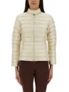 Moncler Fitted Quilted Feather Down Jacket With High Collar In Beige