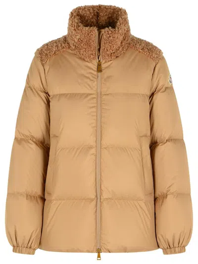 Moncler Short Down Jacket With Beige Polyester 'esnaie' Teddy Trim In Neutral