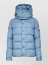 Moncler Long Little Down Jacket With Square Quilting And Hood In Blue
