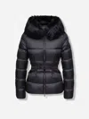 Moncler Boed Hooded Shearling-trimmed Short Down Jacket In Blue