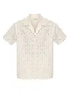 Moncler Short-sleeve Cotton Blend Shirt With Embroidered Design In Neutral