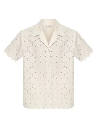 Moncler Short-sleeve Cotton Blend Shirt With Embroidered Design In Neutral