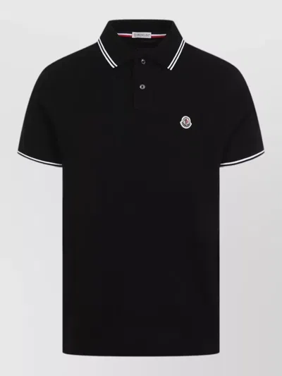 Moncler Short Sleeve Cotton Polo Shirt Collar Stripes In Black