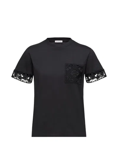 Moncler Short Sleeve Top Crew Neck Pocket Lace In Black