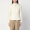Moncler Fitted Quilted Feather Down Jacket With High Collar In Beige