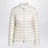 Moncler Fitted Quilted Feather Down Jacket With High Collar In Beige