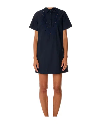 Moncler Embroidered Short-sleeve Shirtdress In Blue