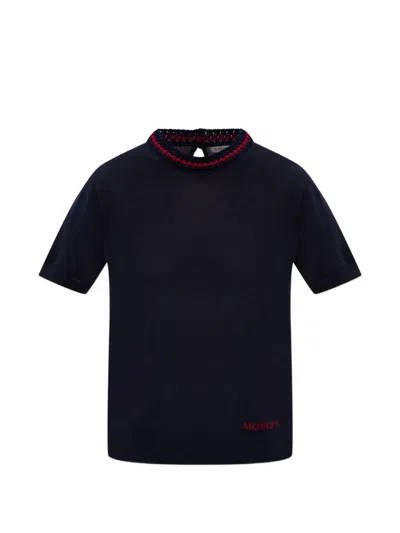Moncler Marine Stripe Sweater With Maroon Neck In Black