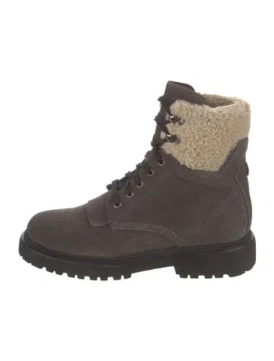 Pre-owned Moncler Signature Logo Suede Lace-up Boots In Grey