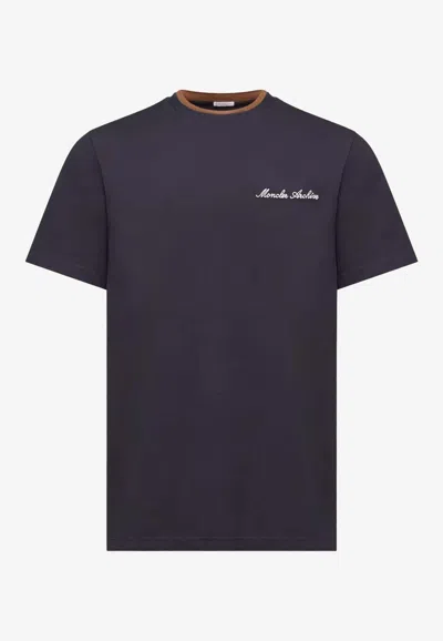 Moncler Cotton T-shirt With Embroidered Logo In Blue