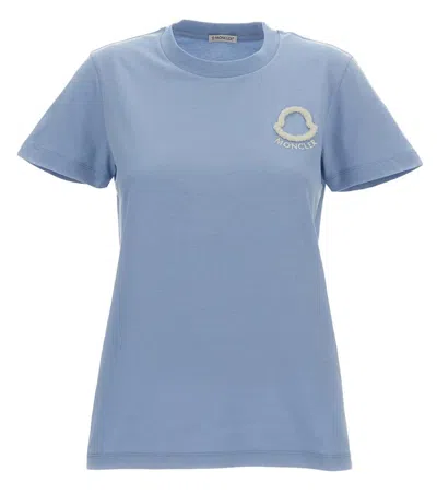Moncler Women Sky Blue Crew Neck Logo T-shirt