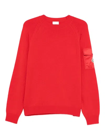 Moncler Sleeve-pocket Crew-neck Sweater In Red
