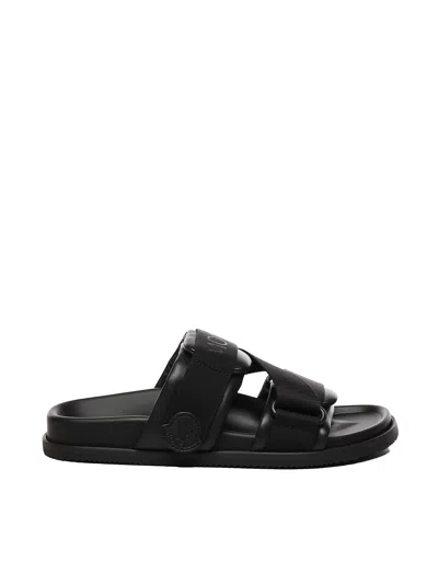 Moncler Black Leather And Fabric Sandals In Animal Print