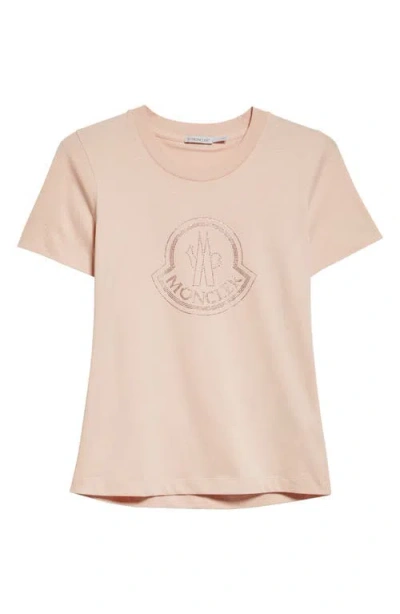 Moncler Slim Fit Bell Logo Crystal Embellished Cotton T-shirt In Pale Antique Pink