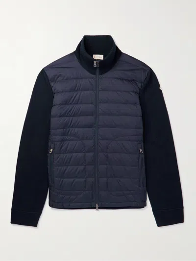 Moncler Slim-fit Panelled Wool-blend And Quilted Shell Down Zip-up Cardigan In Blue
