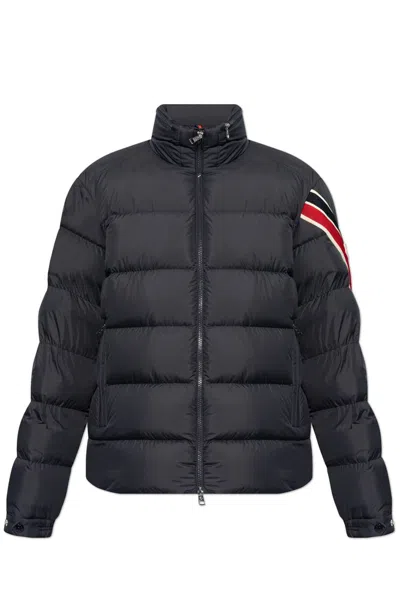 Moncler Striped Logo Patch Down Jacket In Blue