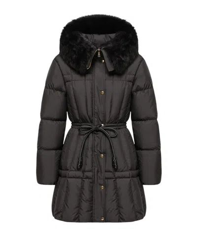 Moncler Solennel Shearling Trimmed Hooded Short Down Parka In Gray