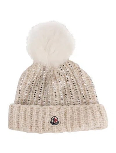 Pre-owned Moncler Solid Wool Beanie With Crystal Embellishment In Neutral