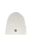Moncler White Wool Beanie With Logo Patch In White