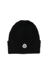 Moncler Logo Patch Cuff Virgin Wool Rib Beanie In Black