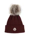 Moncler Ribbed Knit Hat With Fluffy Pom-pom In Burgundy