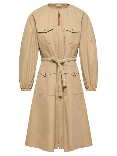 Moncler Belted Cotton-blend Poplin Midi Dress In Brown