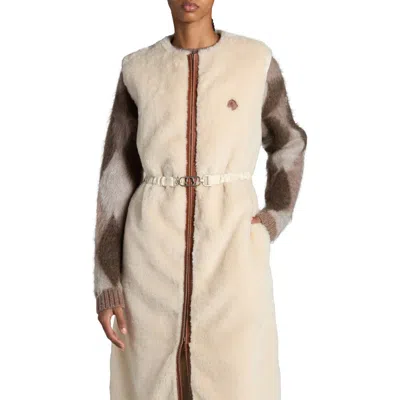 Moncler Sorbier Faux Fur & Down Long Vest In Almond Milk