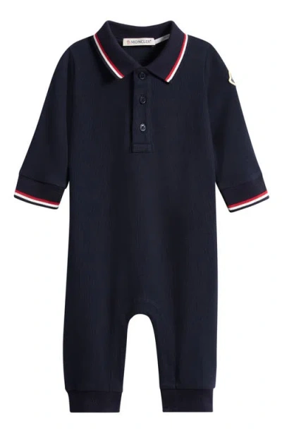 Moncler Kids'  Stretch Cotton Piqué Polo Romper In Blue