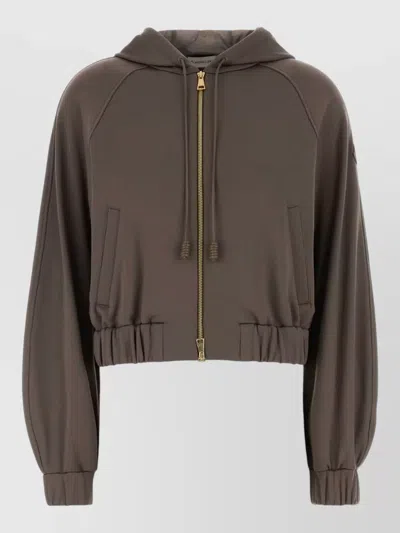 Moncler Stretch Jersey Hooded Sweatshirt Front Pockets In Brown