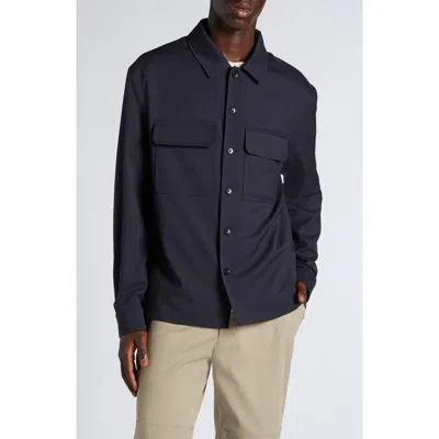 Moncler Stretch Virgin Wool Blend Overshirt In Deep Indigo