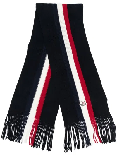 Moncler Stripe-detail Logo-patch Scarf In Blue