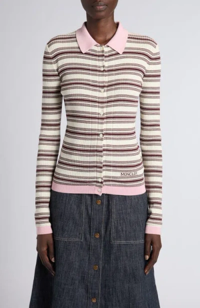 Moncler Stripe Fitted Rib Cotton Cardigan In Pink