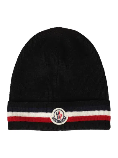 Moncler Tricolor Wool Beanie In Black