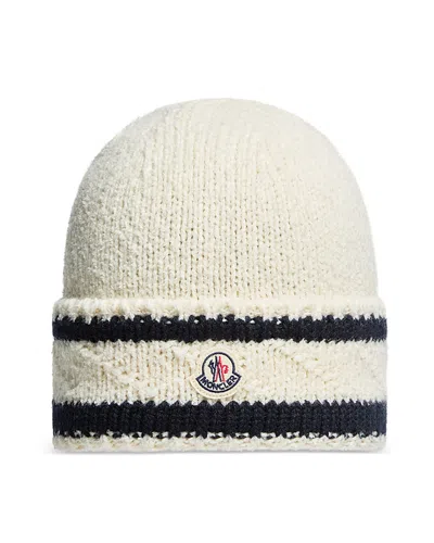 Moncler Stripe Logo Patch Beanie In White
